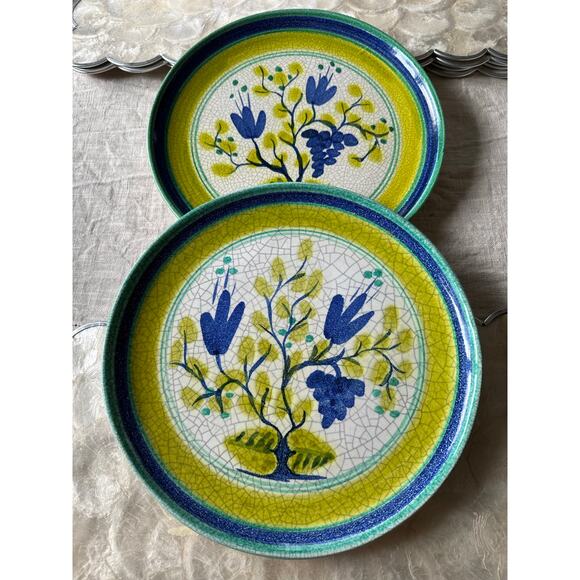 Vintage Majolica Pottery Platters Handprinted 10” dinner plates grape tree green - Picture 1 of 7